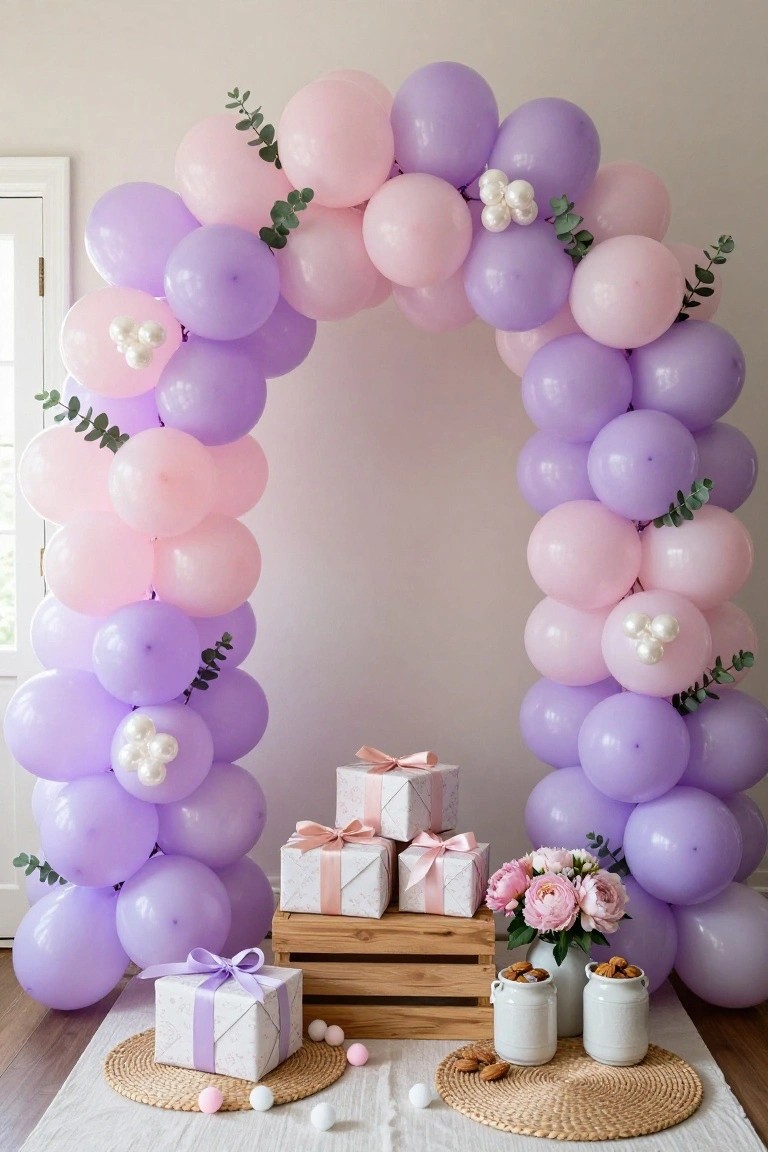 Pink and purple balloon arch decorated with eucalyptus leaves and pearl clusters frames a wooden crate holding stacked white wrapped gifts, with pink roses in a vase, white jars of nuts, and woven mats on the floor below.