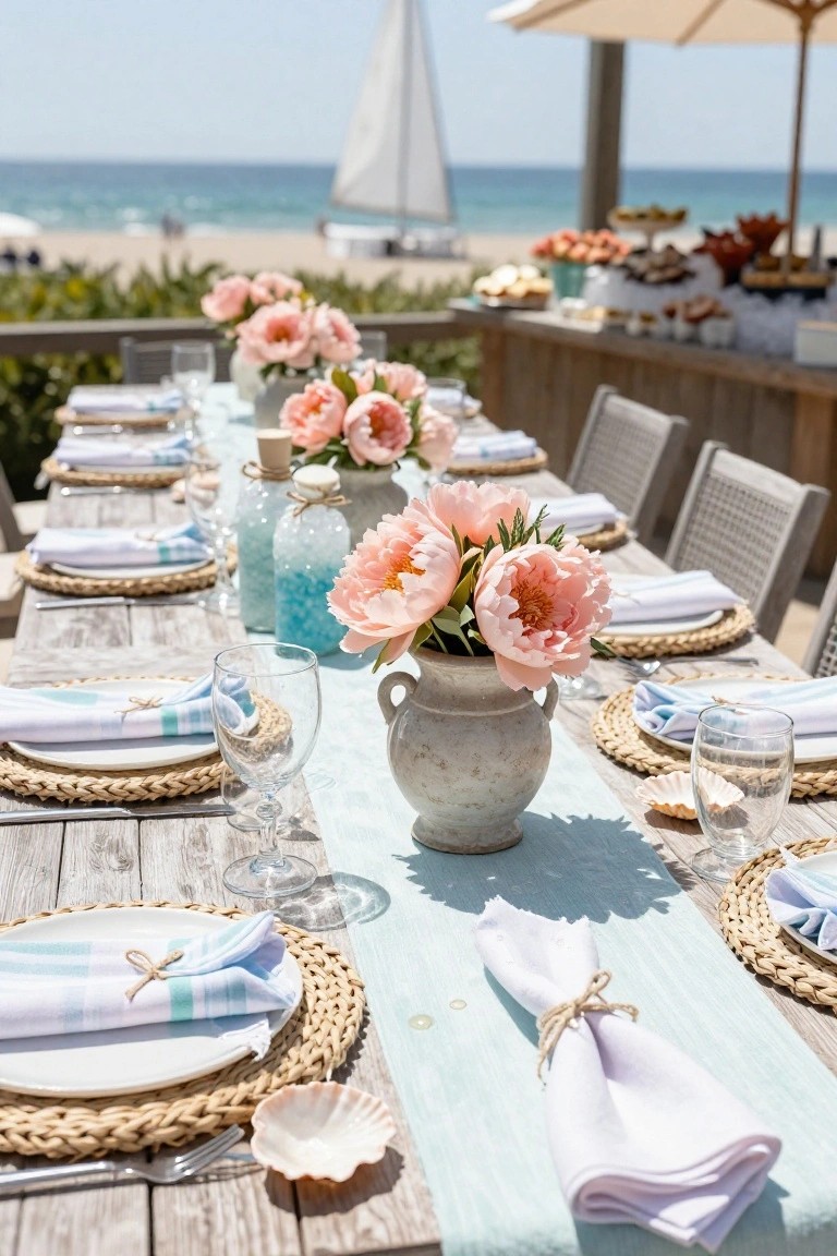 Long wooden dining table set outdoors near a beach with pink peony centerpieces in terracotta vases, blue glass bottles, white plates, linen napkins tied with twine, rattan placemats, seashells, and ocean view in the background.