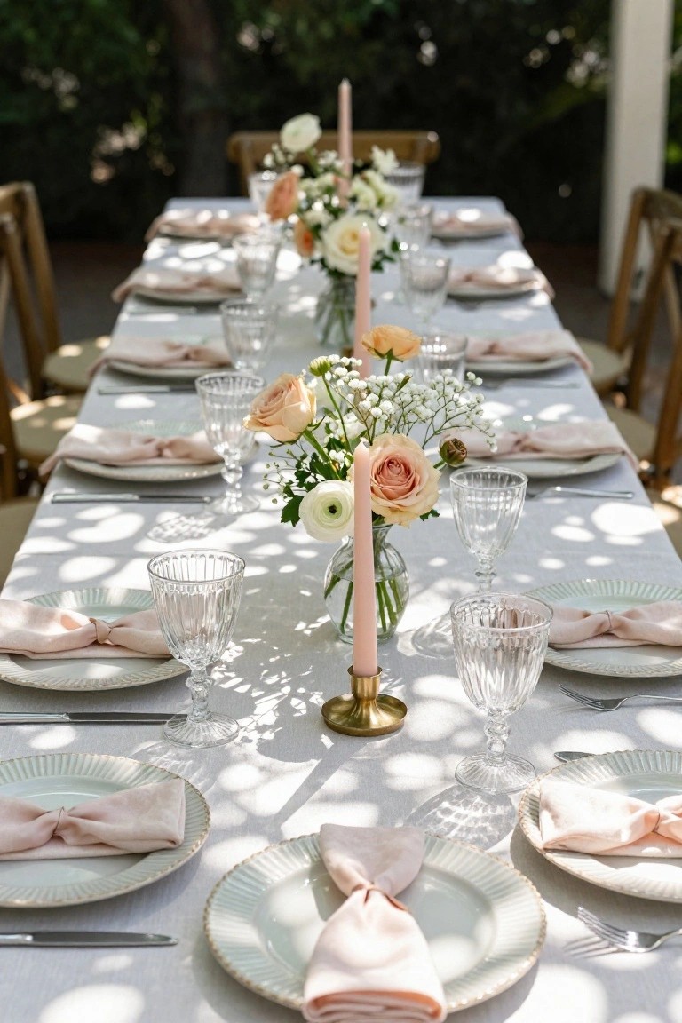 Long rectangular outdoor table covered in white linen with place settings including pink napkins tied in knots, scalloped plates, cutlery, textured glassware, small vases of peach roses and baby's breath, pink taper candles in gold holders, surrounded by wooden chairs in a sunny garden.