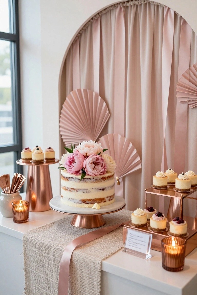 Dessert table with three-tier naked cake topped with pink peonies on copper pedestal, surrounded by cheesecakes on copper stands, against blush pink arched backdrop with draped fabric, pink fan decorations, copper vases, and candles on a white counter.