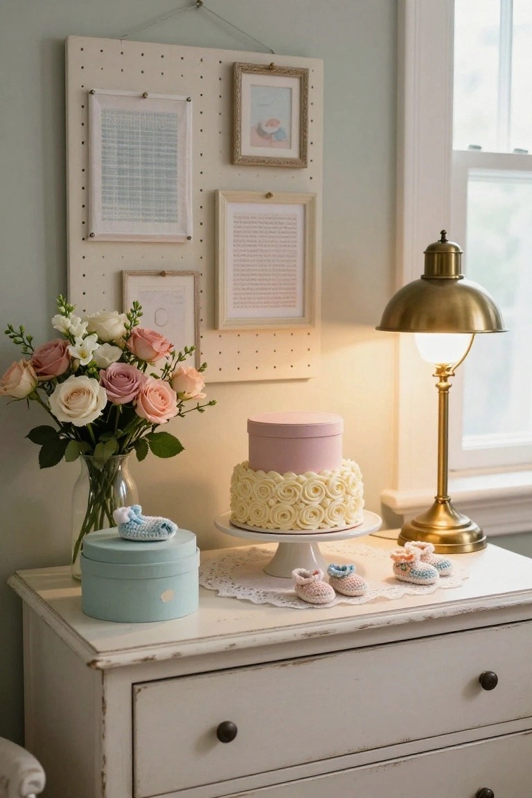 White painted dresser topped with pink cake box, white ruffled cake on stand, blue baby bootie on box, crocheted pink and blue baby booties on lace doily, glass vase of pink and peach roses, lit brass lamp, against light green wall with pegboard art.