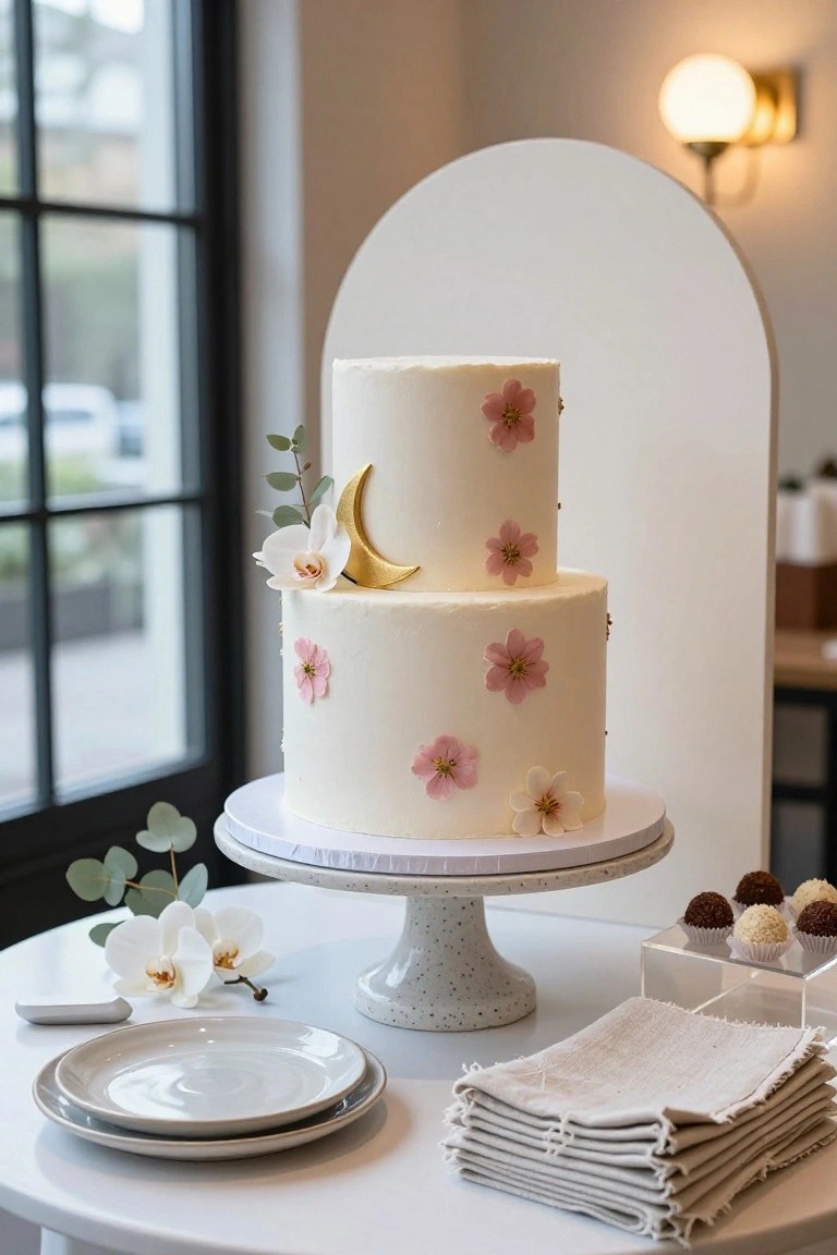 Two-tier white buttercream cake with pink dried flowers, gold crescent moon topper, and orchid on a speckled pedestal, surrounded by eucalyptus, orchids, chocolate truffles, plates, and stacked linen napkins on a white table.