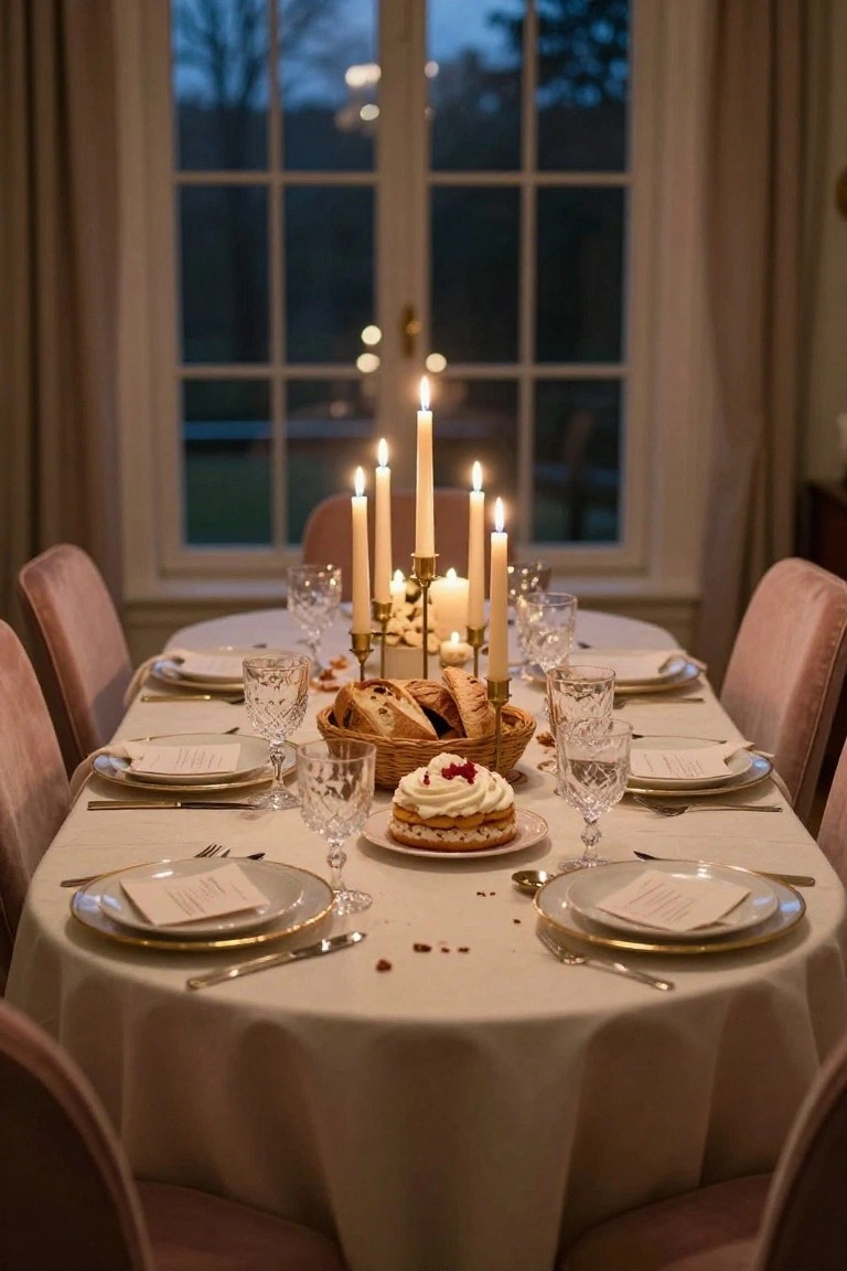 A long dining table covered in white scalloped tablecloth, set for multiple guests with gold-rimmed plates, folded napkins, crystal glassware, taper candles in gold holders, woven bread basket, berry-topped pastries, pink velvet chairs, and large window showing evening garden view.