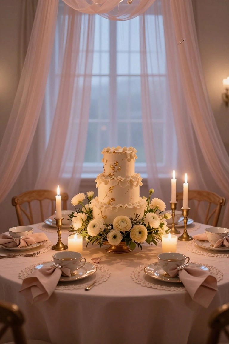 A three-tier white cake with gold leaf accents and ruffled edges centered on a round lace-covered table, surrounded by white anemone flowers, gold candelabras with lit candles, teacups, napkins with pink bows, and wooden chairs in a room with sheer pink drapes over a window.