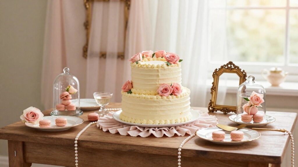 Three-tiered white buttercream cake with pink roses on a wooden table surrounded by pink macarons in glass domes, plates of macarons, fresh flowers in vases, and pink linens.