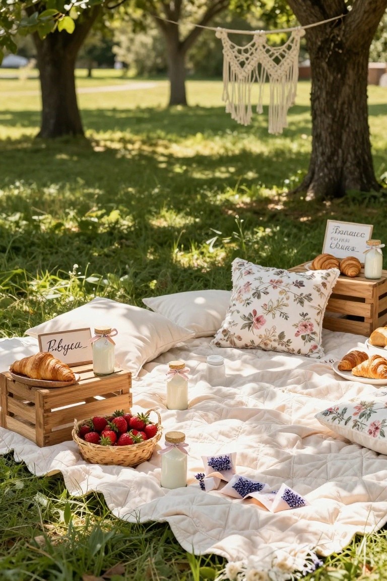 Picnic blanket setup on grass under trees with pillows, wooden crates holding croissants and strawberries, milk bottles, and lavender sachets.