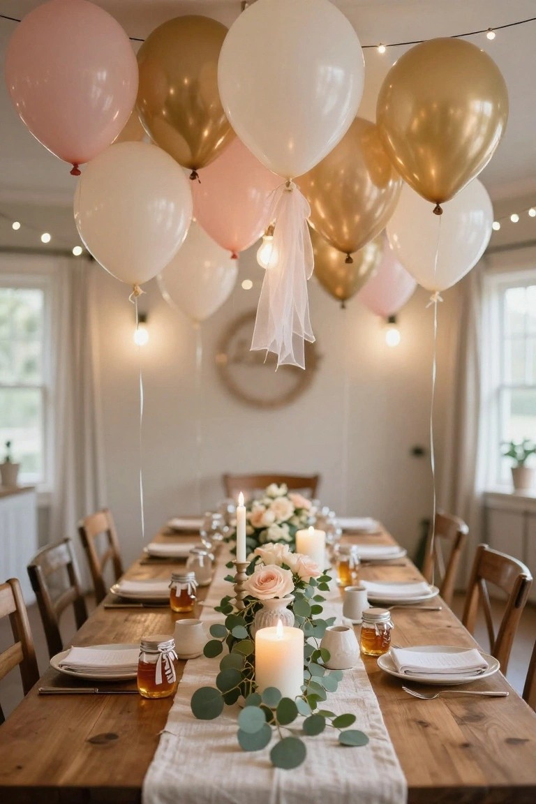 Long wooden dining table set with white plates, napkins, honey jars, candles, eucalyptus runner, and pink roses, under hanging clusters of pink, white, and gold balloons with string lights and sheer fabric in a light-filled room.