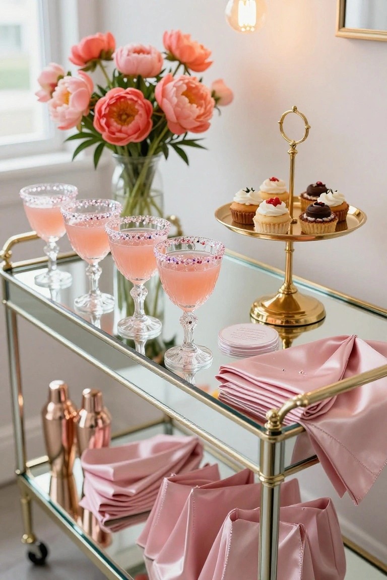 Gold-trimmed mirrored bar cart displaying four pink salt-rimmed cocktails in glasses, a glass vase of pink peonies, copper shakers, stacked pink napkins, and a three-tier gold stand holding assorted cupcakes.