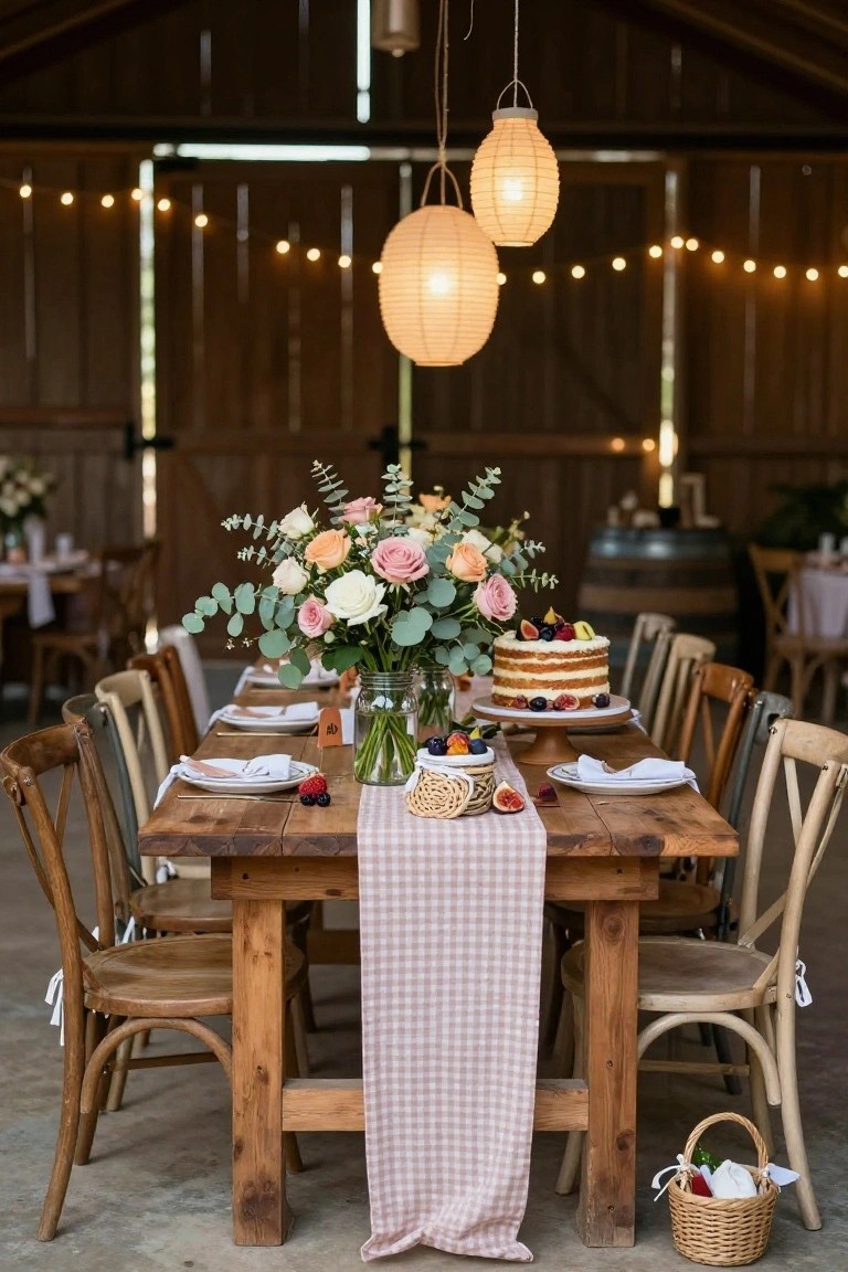 Long wooden farm table in a barn venue with pink gingham runner, mason jar floral centerpiece of pink roses and eucalyptus, layered naked cake on a stand, wooden chairs, woven basket, string lights, and hanging paper lanterns.