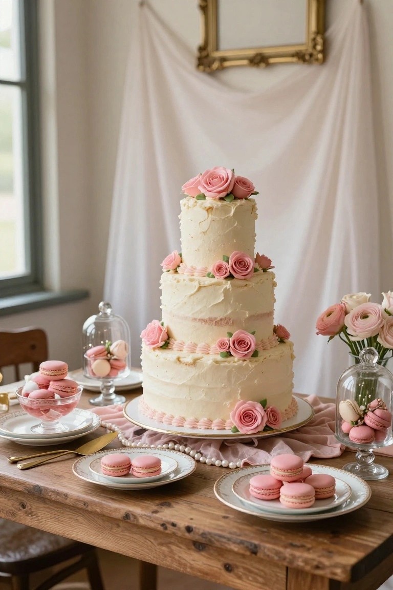 Three-tiered white buttercream cake with pink roses on a wooden table surrounded by pink macarons in glass domes, plates of macarons, fresh flowers in vases, and pink linens.