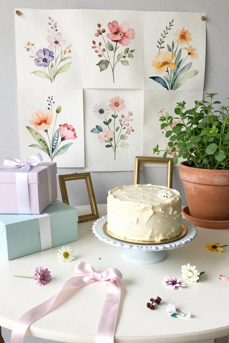White-frosted cake on a scalloped white cake stand centered on a white table, surrounded by scattered small flowers, ribbons, and stacked pastel gift boxes, with watercolor flower prints pinned to a light gray wall behind, gold frames, and a potted green plant nearby.