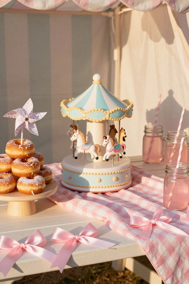 Outdoor picnic table under a striped tent featuring a blue and white carousel toy on a cake stand as centerpiece, powdered donuts on a wooden stand, pink lemonade in mason jars with straws, pink ribbons, and pink checkered cloth.
