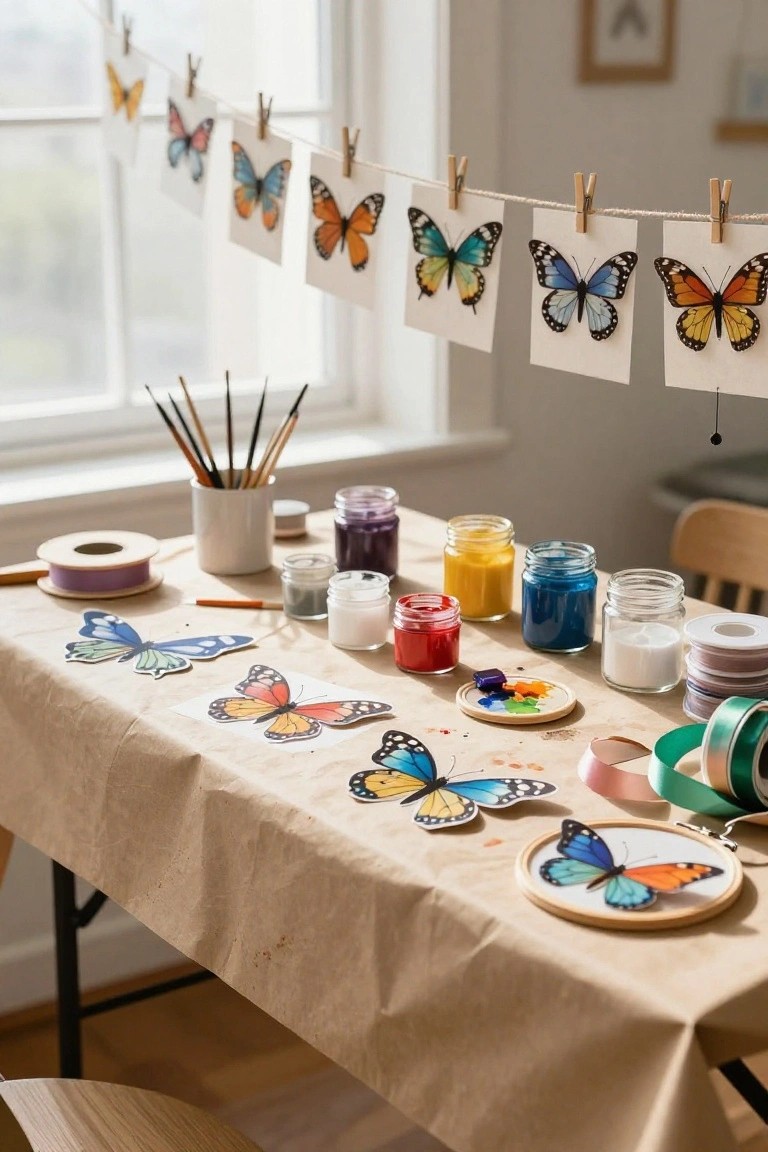 A drop cloth-covered table with colorful paint jars, brushes, butterfly cutouts, ribbons, and an embroidery hoop displaying a painted butterfly; a clothesline strung above with painted butterfly cards clipped on clothespins.