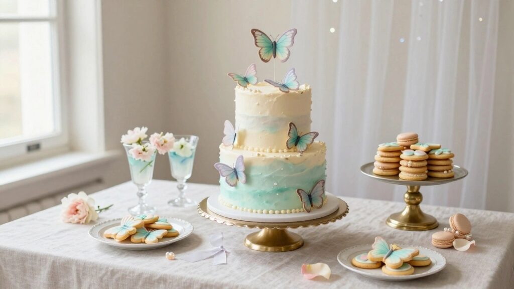 A three-tiered cake with pastel gradient frosting in lavender, mint, and cream, decorated with butterfly-shaped cookies on each layer and atop, displayed on a gold pedestal stand on a white tablecloth draped with purple tulle, surrounded by plates of butterfly shortbread cookies, macarons, and glasses of drinks.