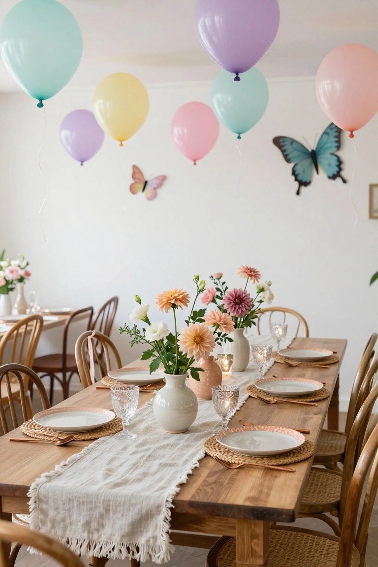 Wooden dining table set with white linen runner, woven placemats, white plates, glassware, candleholders, and a vase of mixed flowers including dahlias, surrounded by wooden chairs, pastel balloons hanging from the ceiling, and blue butterfly decorations on a white wall.
