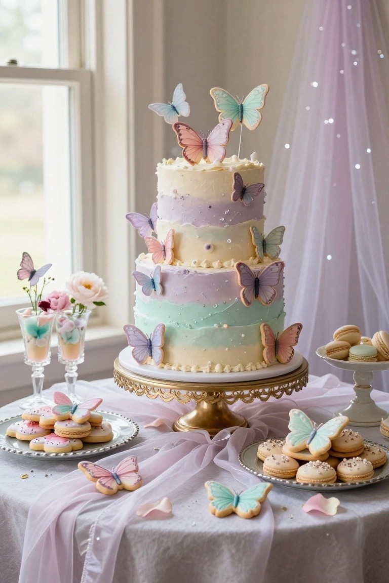 A three-tiered cake with pastel gradient frosting in lavender, mint, and cream, decorated with butterfly-shaped cookies on each layer and atop, displayed on a gold pedestal stand on a white tablecloth draped with purple tulle, surrounded by plates of butterfly shortbread cookies, macarons, and glasses of drinks.