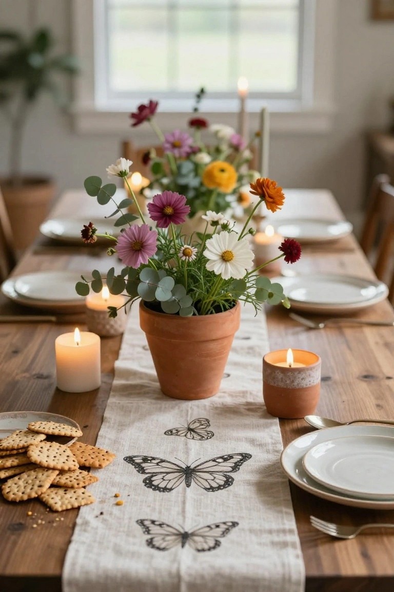 Wooden dining table with white linen runner printed with black butterflies, central terracotta pot holding eucalyptus and mixed flowers including white daisies and pink cosmos, white plates, beige candles, and crackers on a dish.