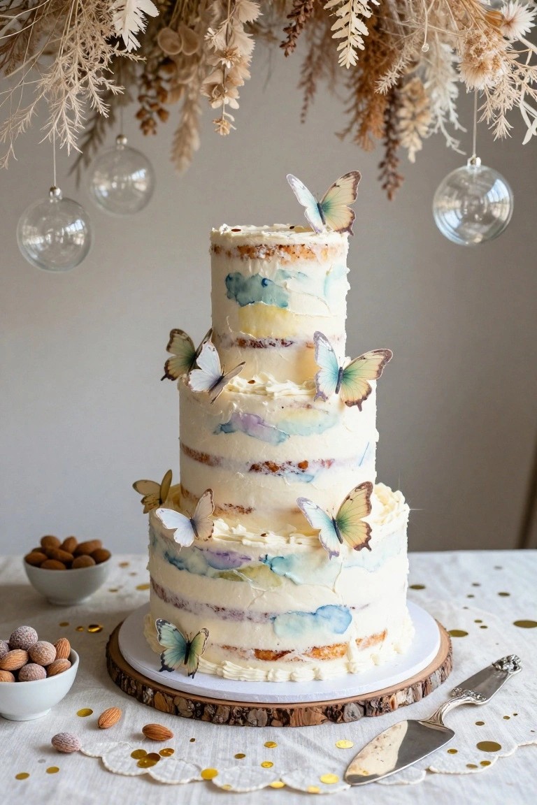 Three-tiered white naked cake with pale blue and purple watercolor buttercream effects on the layers, decorated with various paper butterflies in whites, blues, and greens, on a wooden board with bowls of nuts nearby, pampas grass and glass ornaments hanging above, and a cake server beside it on a gold-flecked tablecloth.