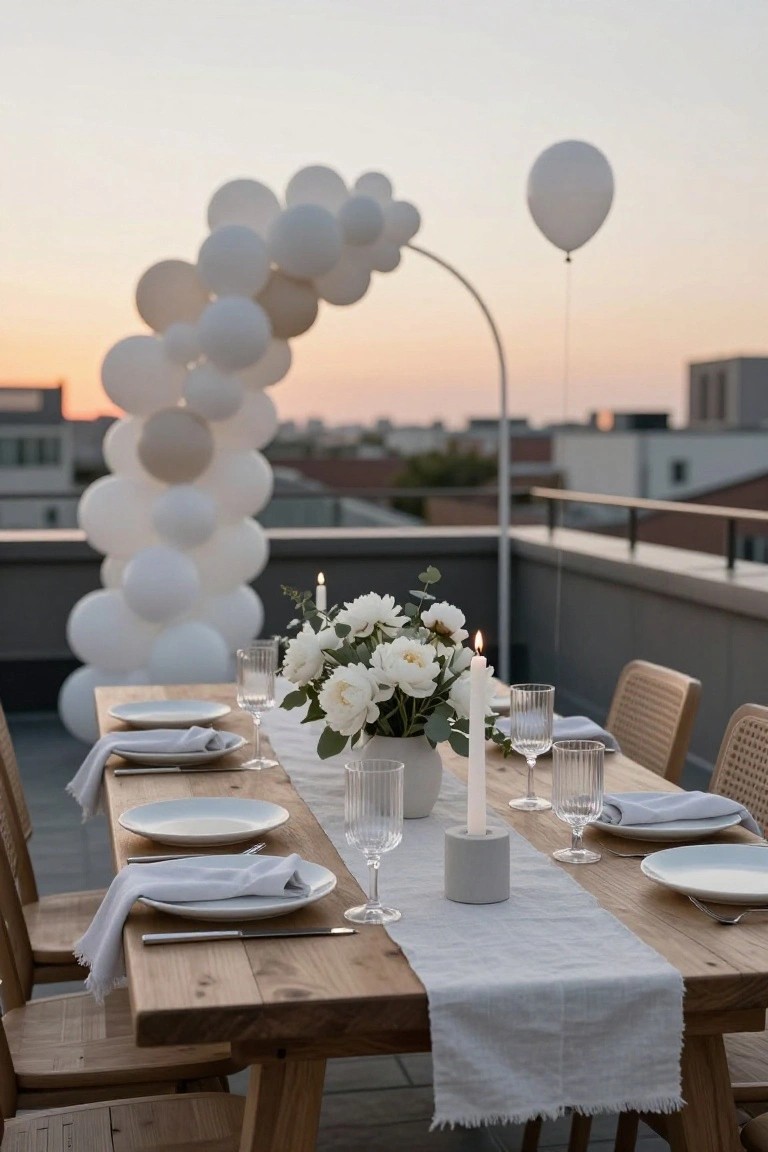 Rooftop dining table on a terrace at sunset with a wooden surface, white plates and napkins, glassware, peony centerpiece in a vase, candles, a white linen runner, chairs, and a tall white balloon arch overhead plus a floating balloon, cityscape in background.