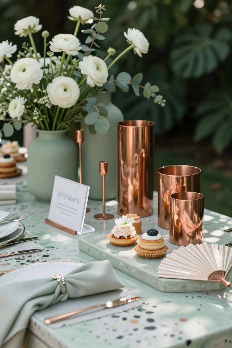 Outdoor tablescape on pale green terrazzo table with white ranunculus and eucalyptus in green vase, clusters of shiny copper cylinders and candleholders, small desserts on slate board, white plates with green napkins, and copper utensils.