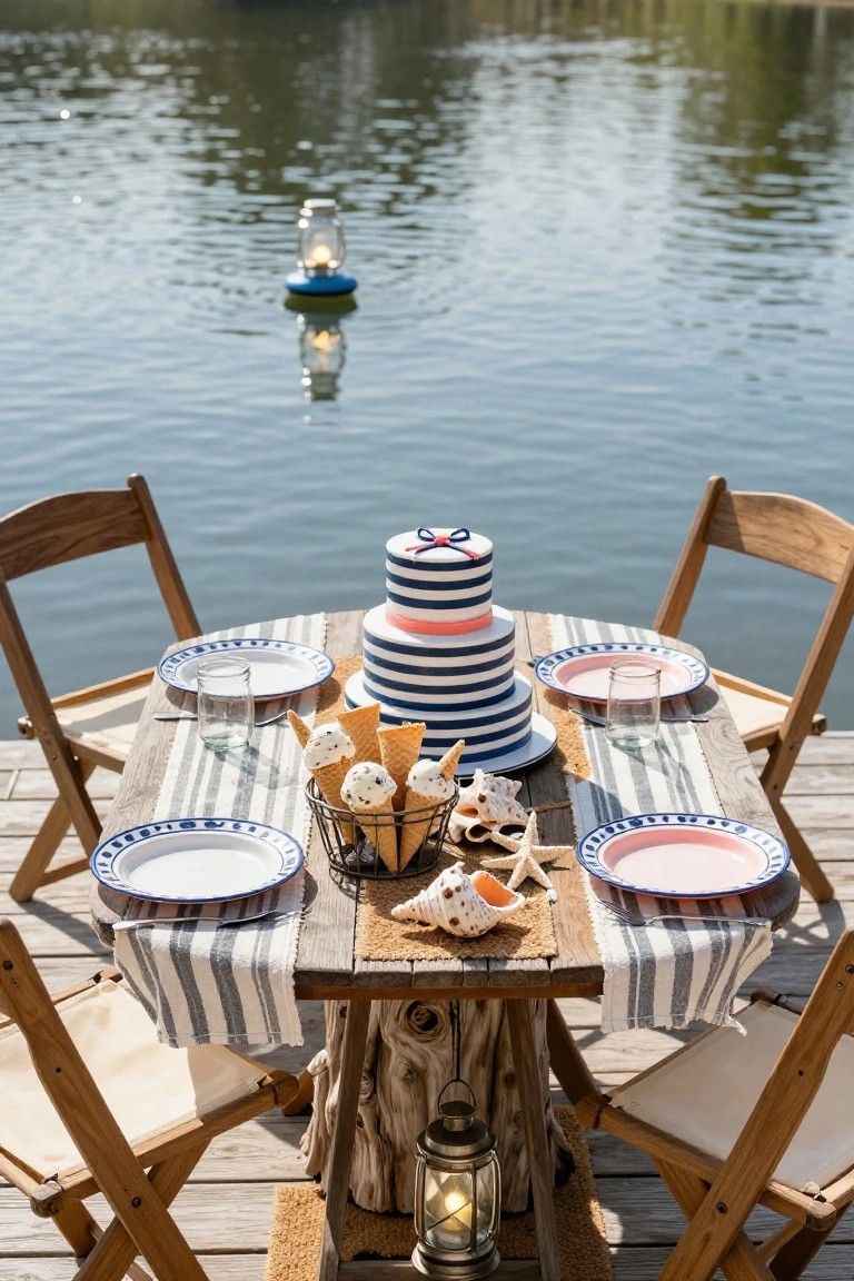 Wooden table on a dock over blue water with a tall white and navy striped cake as centerpiece, basket of waffle cones with ice cream, seashells, starfish, blue and pink plates, striped napkins, jars, lanterns, and folding wood chairs around it.
