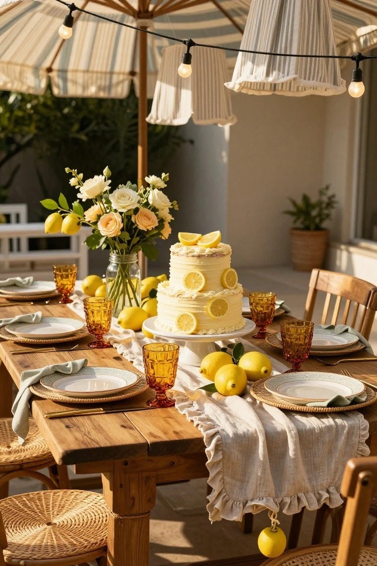 Outdoor wooden table set with a three-tiered white cake topped with lemon slices and frosting, fresh lemons scattered around, white roses in a glass jar, amber textured glasses, white plates and gold flatware, under striped umbrellas and string lights.