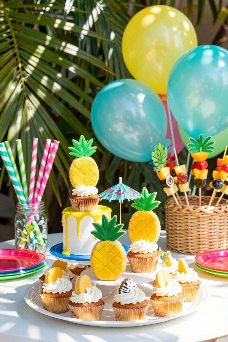 Dessert table with yellow pineapple fondant cakes on cupcakes and a drip cake, fruit skewers in a wicker basket, colorful balloons, striped straws in a mason jar, and pink plates nearby against green palm leaves.