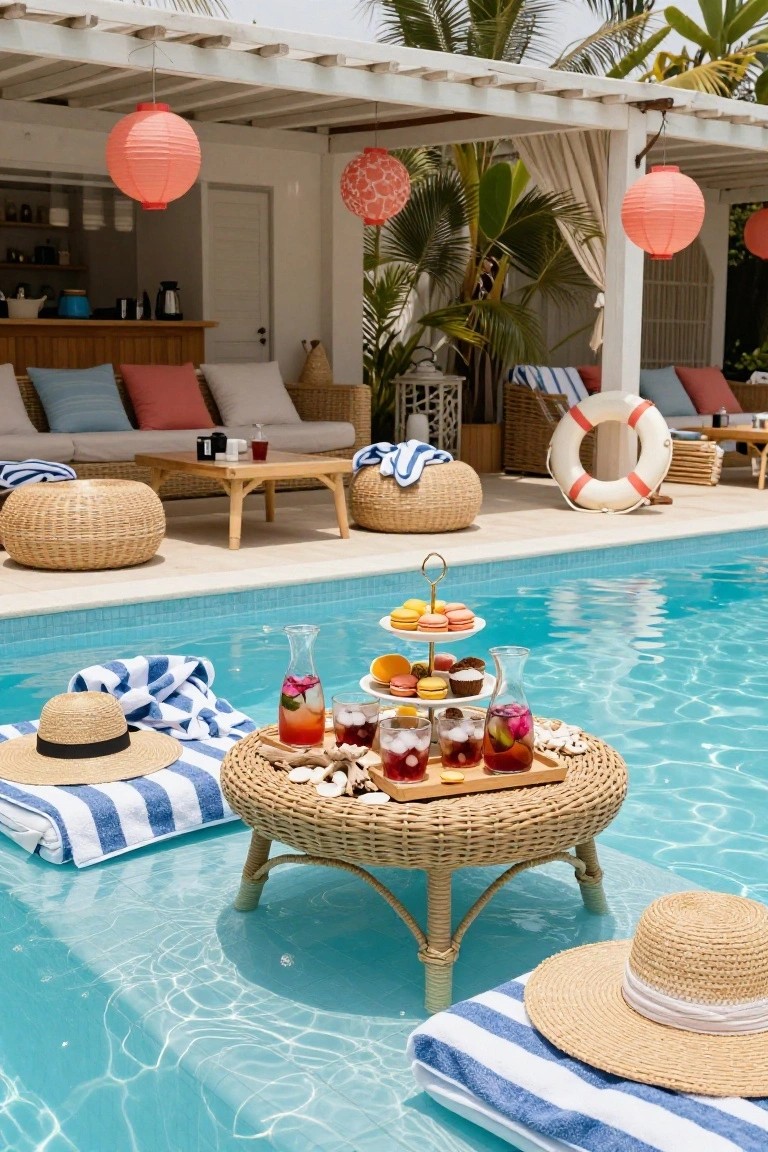 A low round rattan table floating in the shallow end of a turquoise pool, topped with a gold three-tiered stand holding macarons, cupcakes, and orange pastries, flanked by glass pitchers of pink and purple drinks with ice, seashells, and striped blue towels with straw hats nearby.