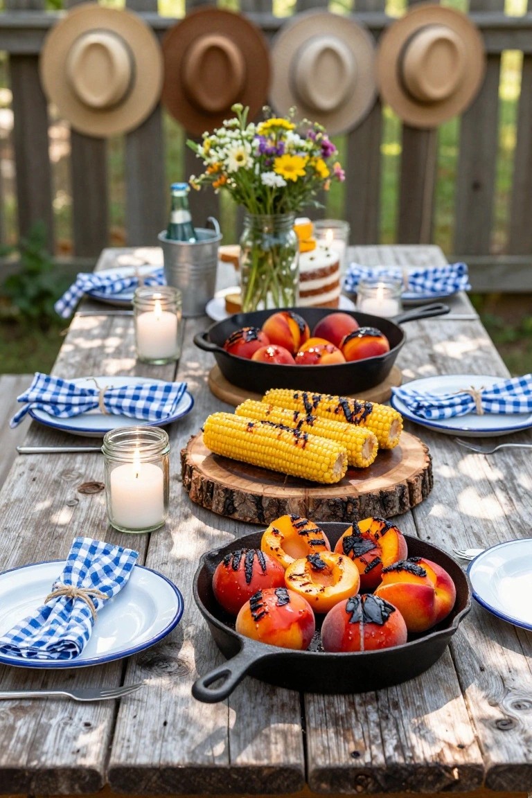 Closeup of a rustic wooden picnic table outdoors with cast iron skillets of grilled peaches and tomatoes, grilled corn ears on a wooden round, blue gingham napkins tied with twine, mason jar candles, and a vase of wildflowers, straw hats hanging on a fence behind.