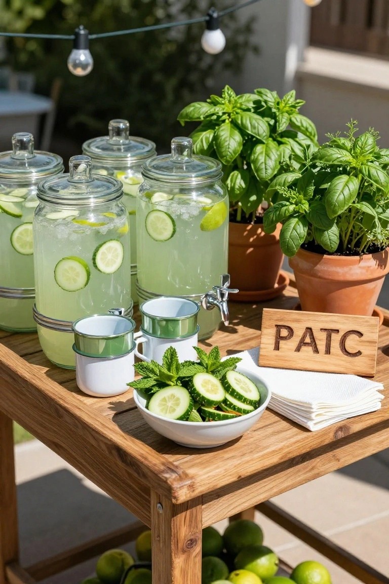 Outdoor wooden table holding two glass dispensers of pale green lemonade with lime and cucumber slices, potted basil plants, a bowl of sliced cucumbers and mint, enamel cups, white napkins, and a wooden sign labeled PATC, with string lights and green limes in the background.