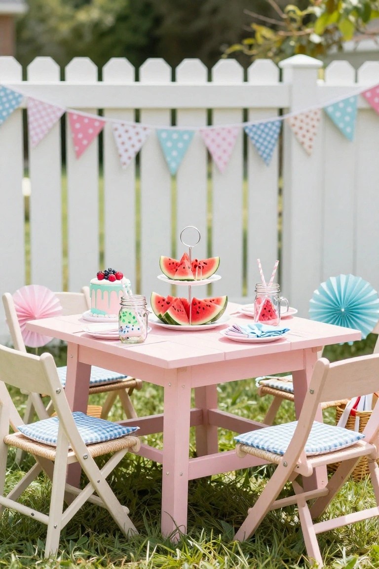 Small pink wooden kids table outdoors in grassy yard behind white picket fence with pastel bunting, featuring watermelon slices on tiered stand, drip cake, jar drinks with straws, plates, and small chairs around it.