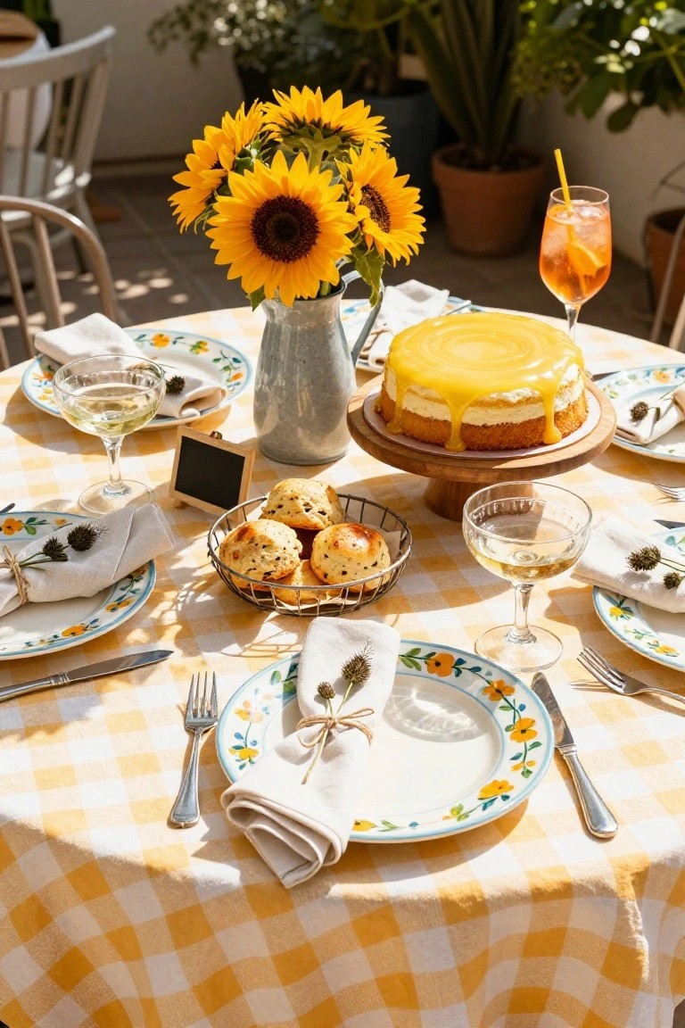Overhead view of a round outdoor table on a sunny patio covered in yellow gingham tablecloth, centered with a lemon drizzle cake on a wooden stand, surrounded by scones in a wire basket, sunflower bouquet in a pitcher, wine glasses, aperol spritz, plates, napkins with thistle accents, and cutlery.