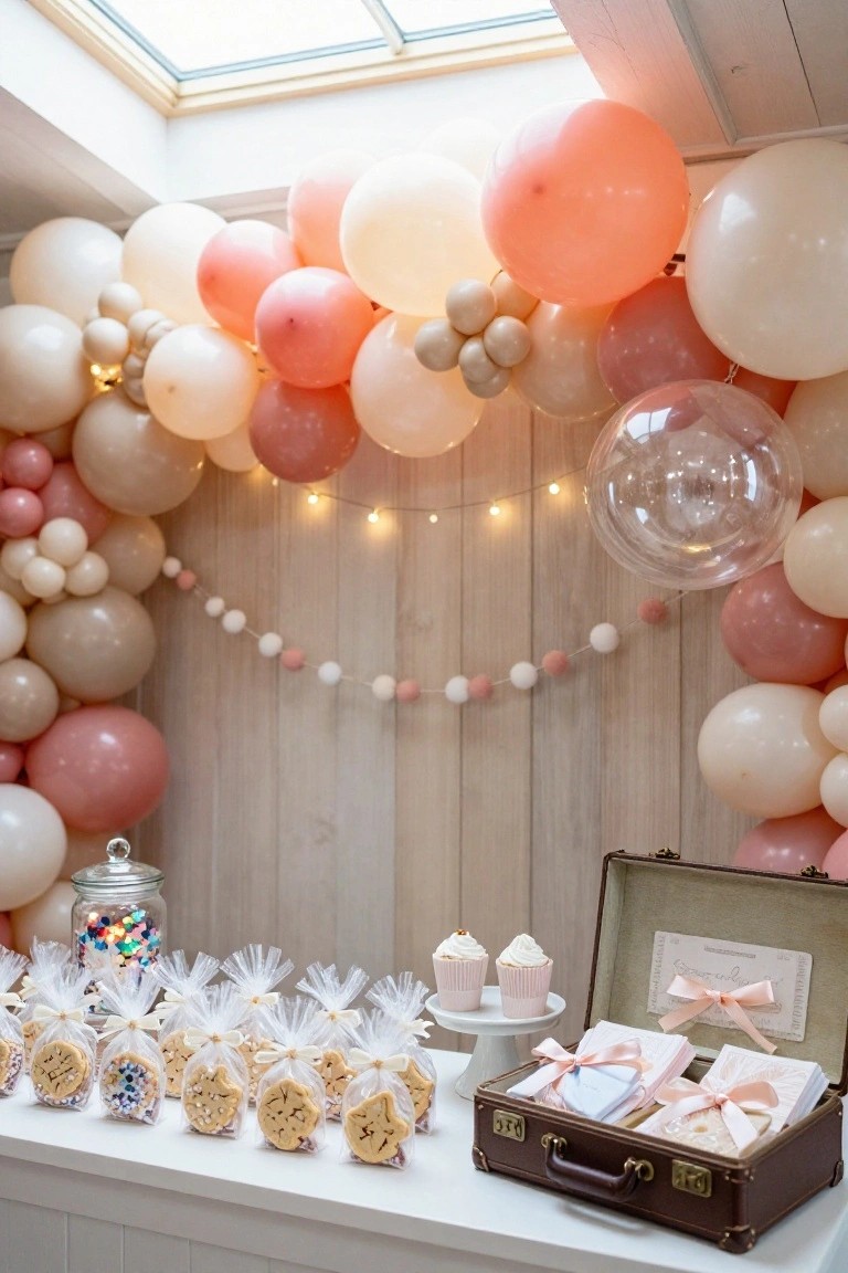 Blush pink, peach, and white balloons form a garland backdrop against a light wood wall with string lights and a pom pom garland, next to a white table holding cookie favors in bags, pink cupcakes, a sprinkles jar, and an open brown suitcase with ribbon-tied envelopes.