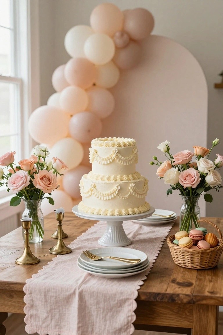 Wooden table with pink runner holding two-tier white ruffled cake on pedestal, vase of pink and white roses, gold candlesticks with lit candles, stacked white plates, gold forks, and basket of pink macarons and cookies, under arch of white and blush balloons with pink backdrop.