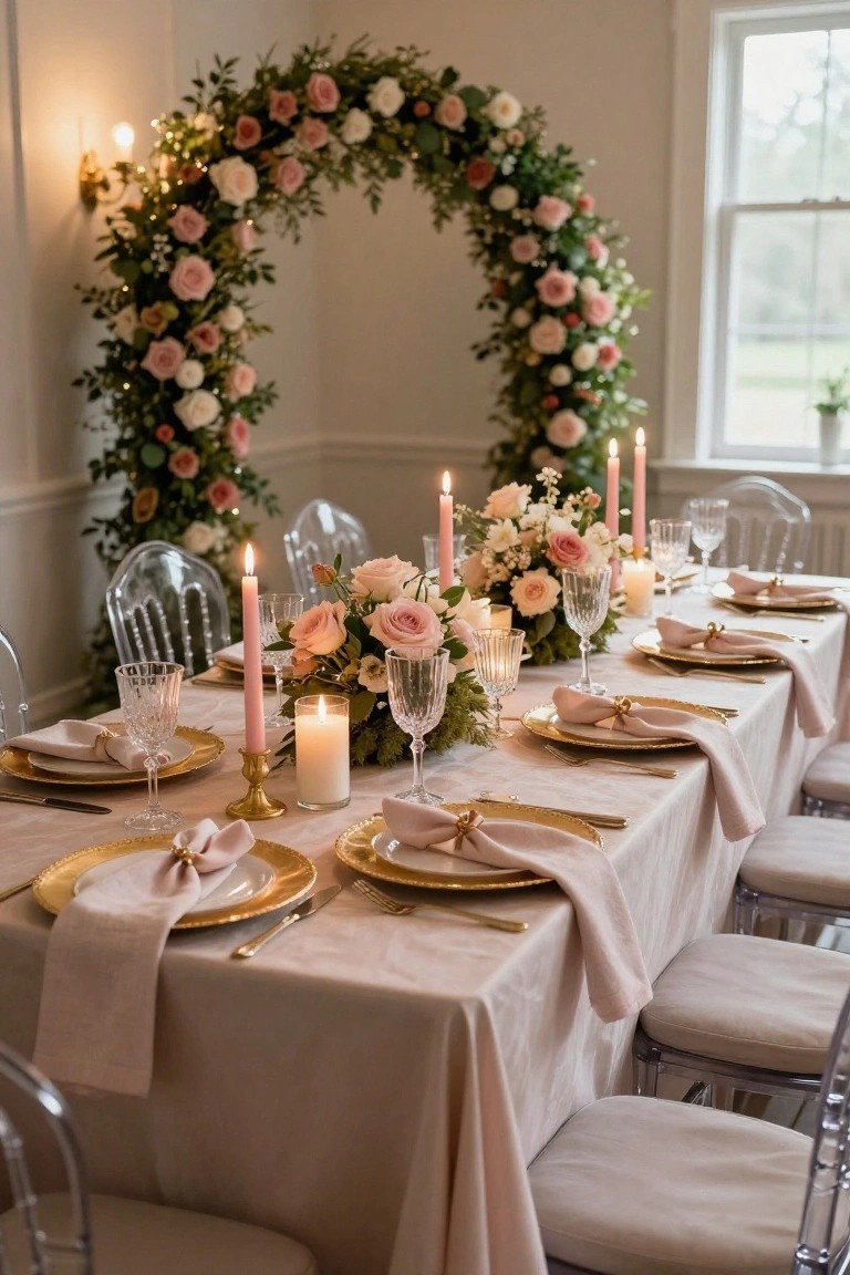 Long rectangular table draped in blush pink linen with gold charger plates, pink napkins tied with gold beads, crystal glassware, taper candles, pillar candles, and floral centerpieces of pink roses and greenery, flanked by clear ghost chairs under a large arched floral installation of pink roses and greens in a light-filled room.
