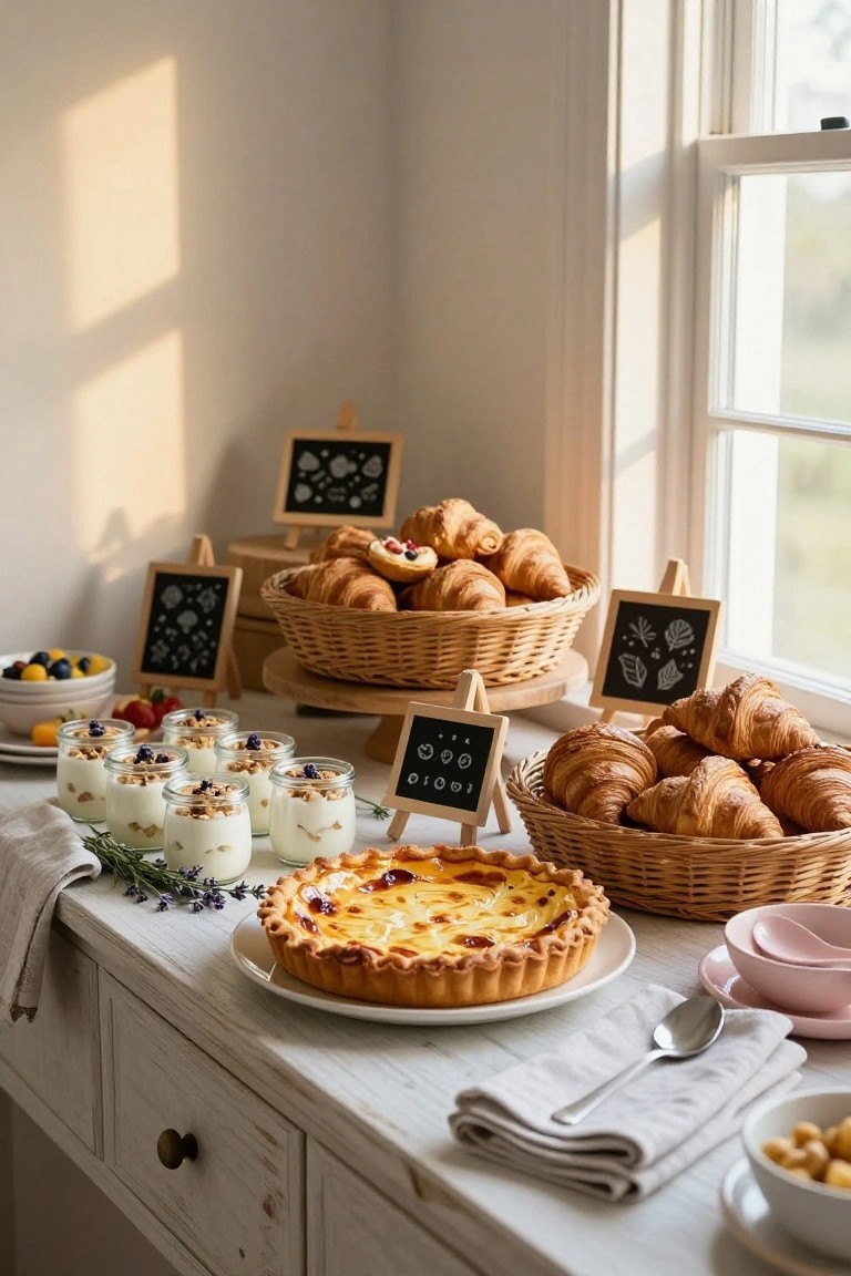 Wooden table displaying baskets of croissants, jars of yogurt with berries and nuts, a custard tart, fruit bowls, and small chalkboard labels in a sunlit corner with white walls and a window.