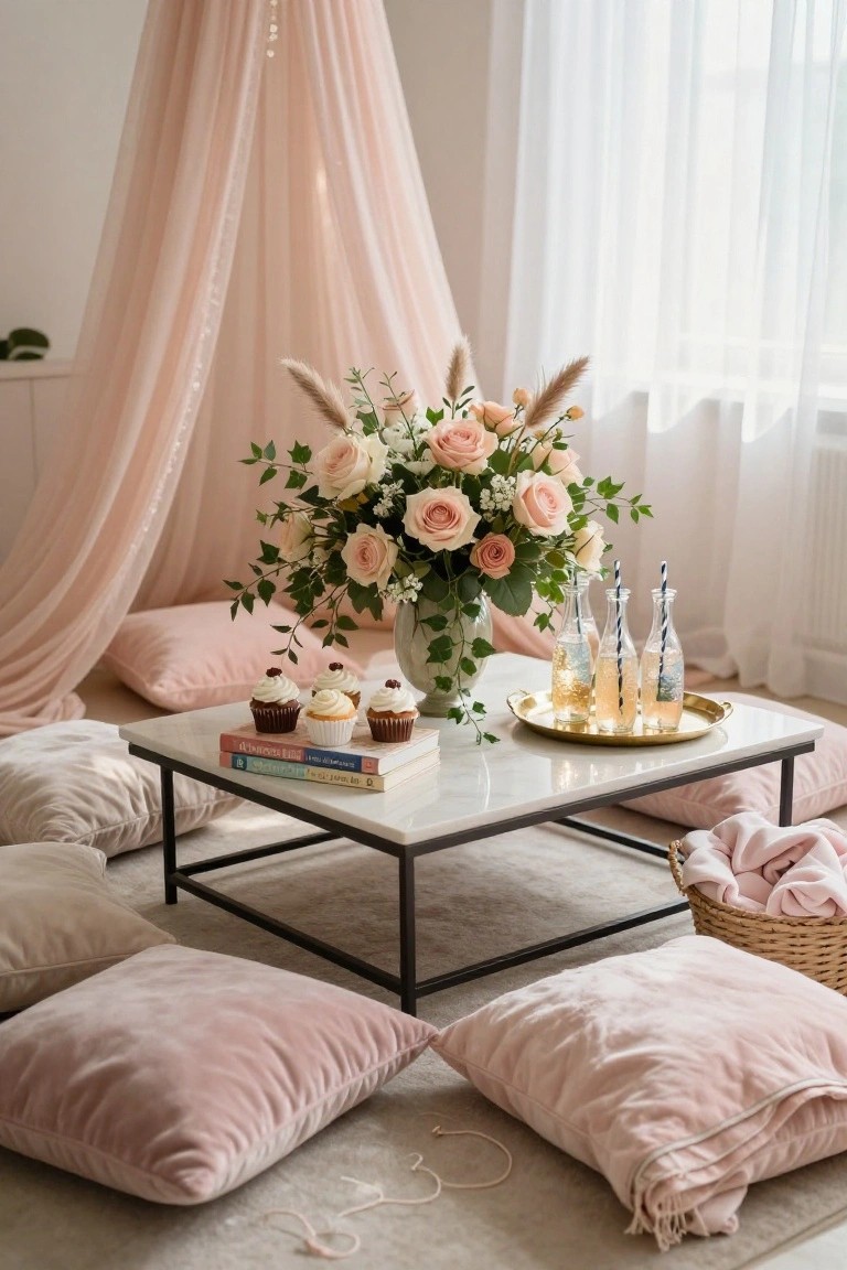 Low white marble table with pink cupcakes, stacked books, sparkling drinks in small blue-bottles, and large bouquet of pink roses and greenery, surrounded by pink and beige pillows on the floor under pink sheer canopy with pampas grass.