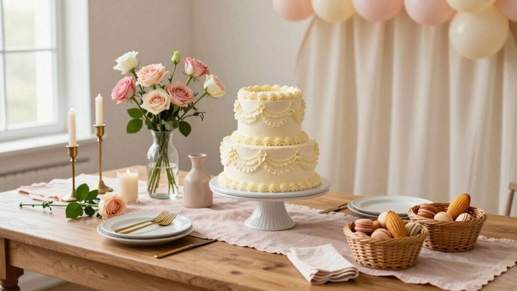 Wooden table with pink runner holding two-tier white ruffled cake on pedestal, vase of pink and white roses, gold candlesticks with lit candles, stacked white plates, gold forks, and basket of pink macarons and cookies, under arch of white and blush balloons with pink backdrop.