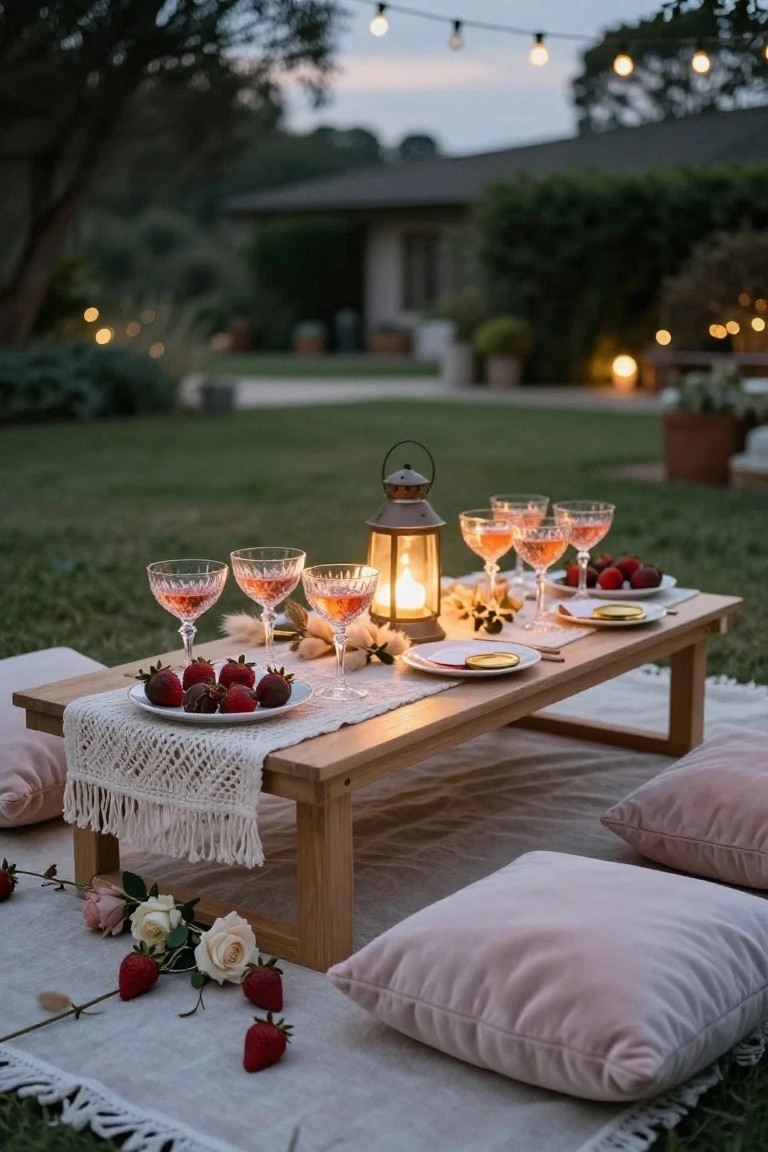 Outdoor low wooden picnic table on grass with pink rosé in coupe glasses, strawberries on plates, brass lantern centerpiece, pink cushions, string lights above, and trees in background.