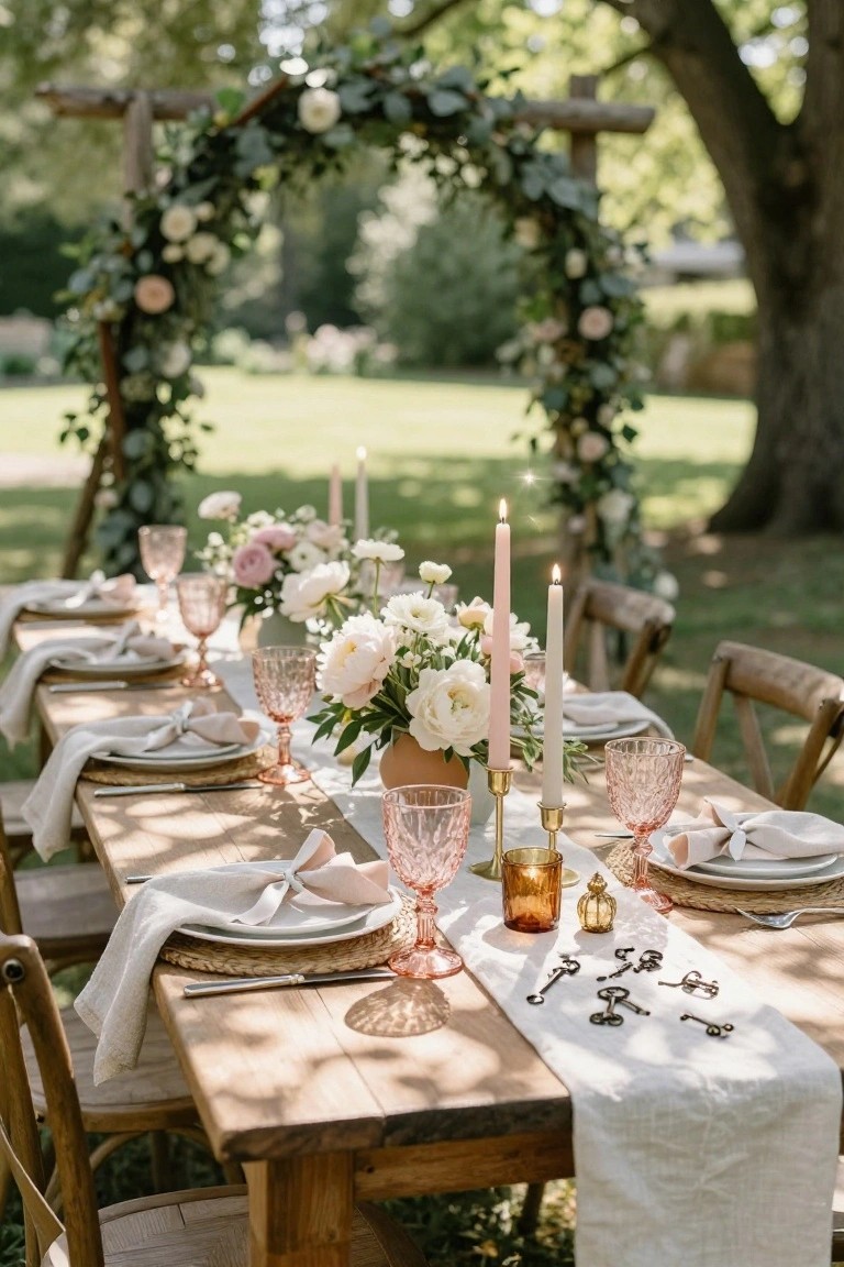 Long rustic wooden table outdoors set with white plates, blush pink glassware, peony flower centerpieces in terracotta pots, white candles, and scattered decorative keys on a linen runner, with wooden chairs and a floral arch in the background.