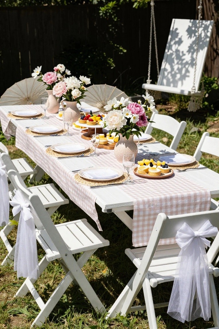 Long white folding table in a sunny garden covered by a pink and white checkered runner, set with white plates, glasses, flower arrangements in ceramic jugs, fruit tarts on platters, surrounded by white folding chairs draped with white tulle and bows, paper umbrellas and a porch swing nearby.