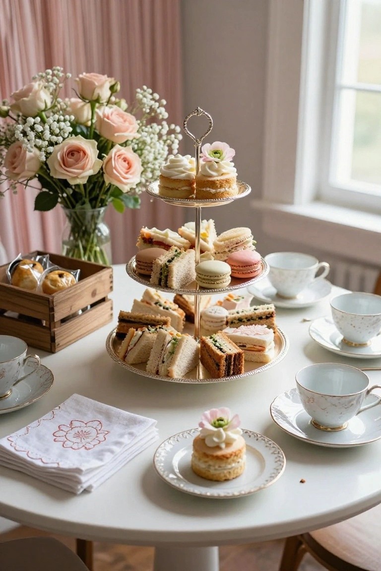 A three-tiered silver stand on a round white table displays sandwiches on the bottom tier, macarons and pastries on the middle tier, and cakes on the top tier, with teacups, saucers, napkins, and a wooden crate of buns nearby, pink roses in a vase, against pink curtains and a window.