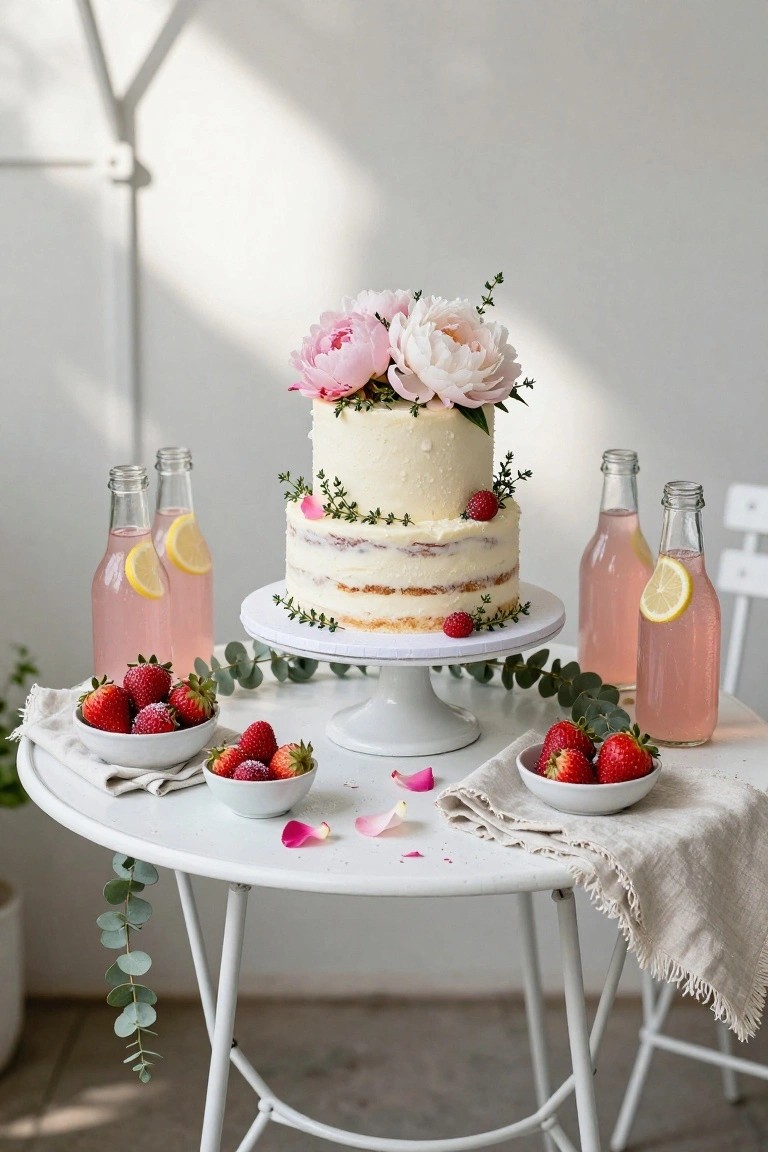 A three-layer white naked cake with visible cake layers and buttercream frosting, topped with pink peonies, strawberries, and eucalyptus on a white cake stand at the center of a white round table, surrounded by bowls of strawberries, scattered rose petals, linen napkins, and glass bottles of pink lemonade with lemon slices.