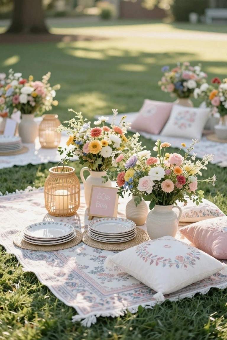 Outdoor picnic arrangement on a patterned rug with stacked white plates on rattan chargers, vases of mixed colorful flowers, pillows, a rattan lantern with candle, and a sign on grass under trees.