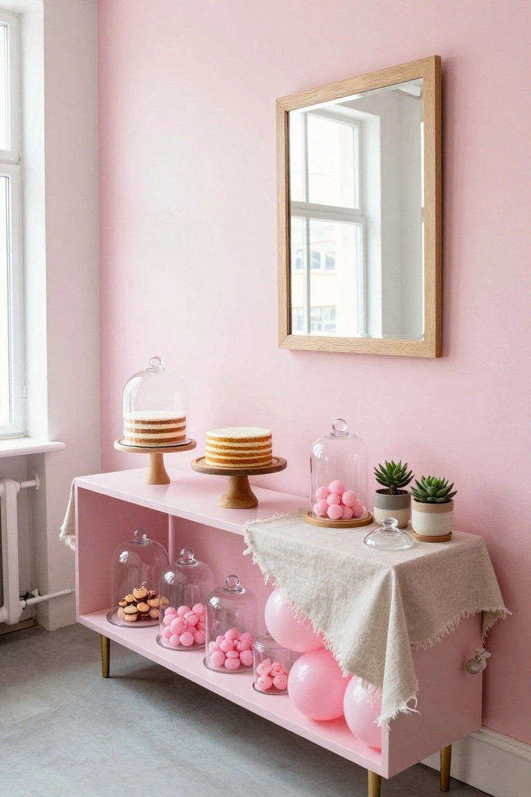 Pink credenza against a pink wall displaying two tiered cakes under glass domes on wooden stands, macarons and pink candies in glass cloches, small potted succulents, pink gumdrops, and clusters of pink balloons with a beige linen cloth draped over the top shelf.