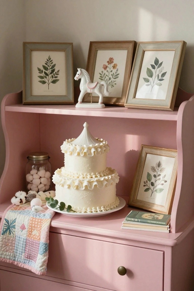 Pink wooden dresser displaying a two-tier white cake topped with a carousel, jar of marshmallows, cotton balls, quilted cloth, botanical framed prints, white horse figurine, and stacked books on shelves.