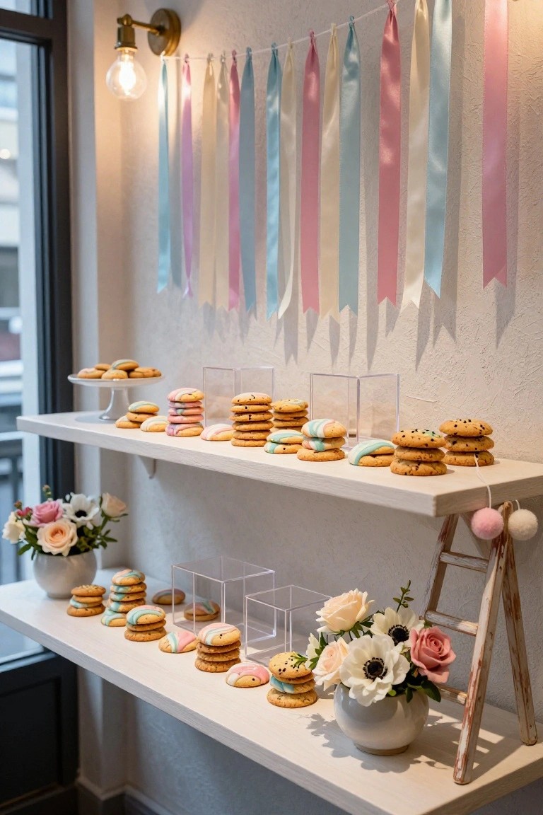 White floating shelves display stacks of pastel-iced and chocolate chip cookies on stands, with potted flowers, a small ladder prop, and hanging pastel ribbon garland against a textured wall next to a window and wall lamp.