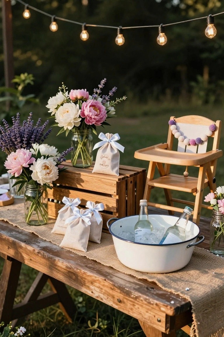 Outdoor wooden table setup with mason jar flowers in pinks and whites, muslin favor bags tied with ribbons on wooden crates, a white enamel bucket of iced wine bottles, and a wooden high chair decorated with purple pom poms nearby under string lights.