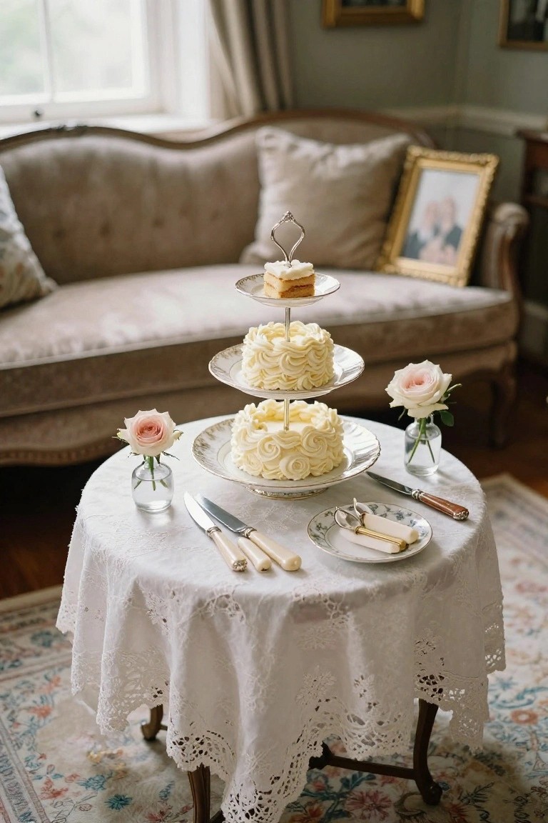A three-tier silver cake stand with cream-frosted cakes on each level sits on a white lace round table, accompanied by pink roses in glass vases, knives and forks with white handles, in an elegant room with a cream sofa and framed paintings.