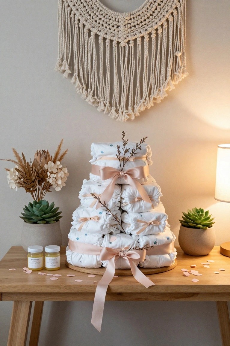 Tiered diaper cake on a wooden table with pink ribbons, dried florals, two small jars of yellow liquid, potted succulents, and scattered pink petals nearby, in front of a beige macrame wall hanging and lamp.